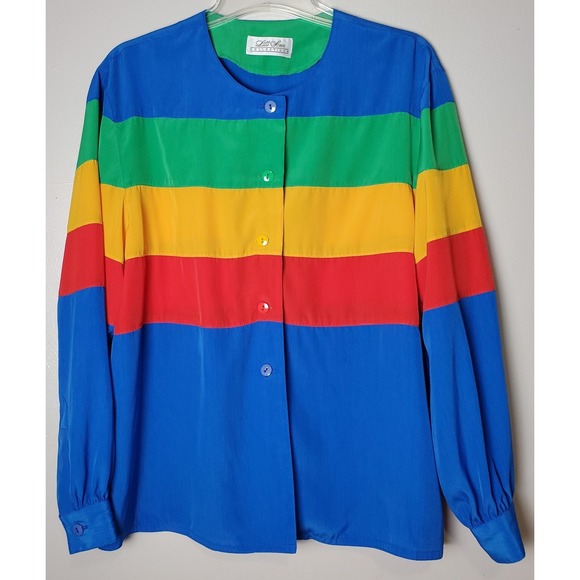 Lilli Ann Tops - Vintage Lilli Ann Rainbow Striped Button Long Sleeve Blouse Union Maximalist